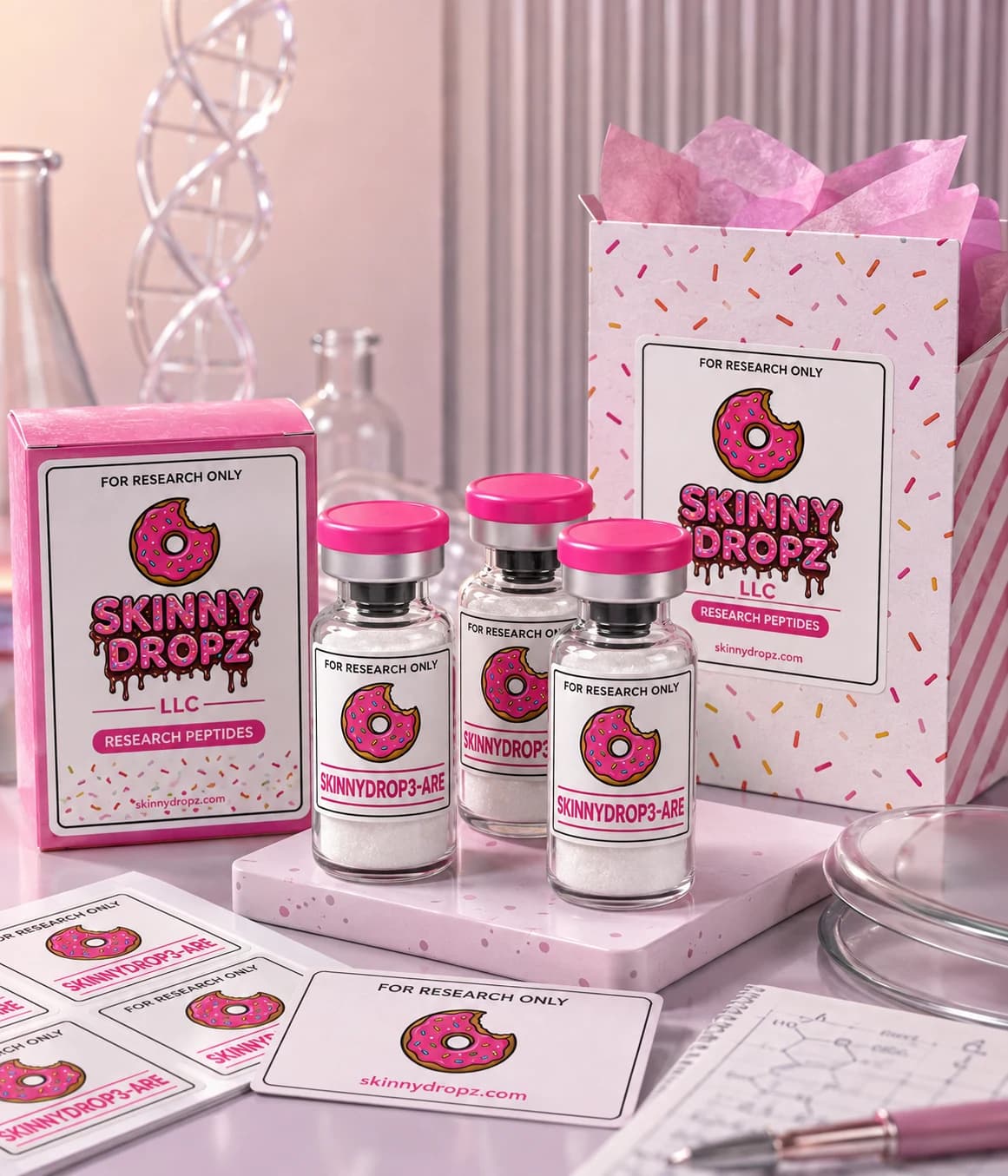 SkinnyDropz research products and branded laboratory packaging
